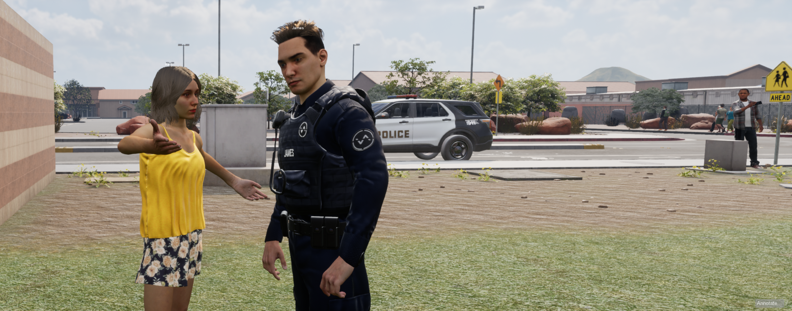 Virtual officer walking with a civilian in an outdoor school-zone environment with police vehicle and bystanders nearby.