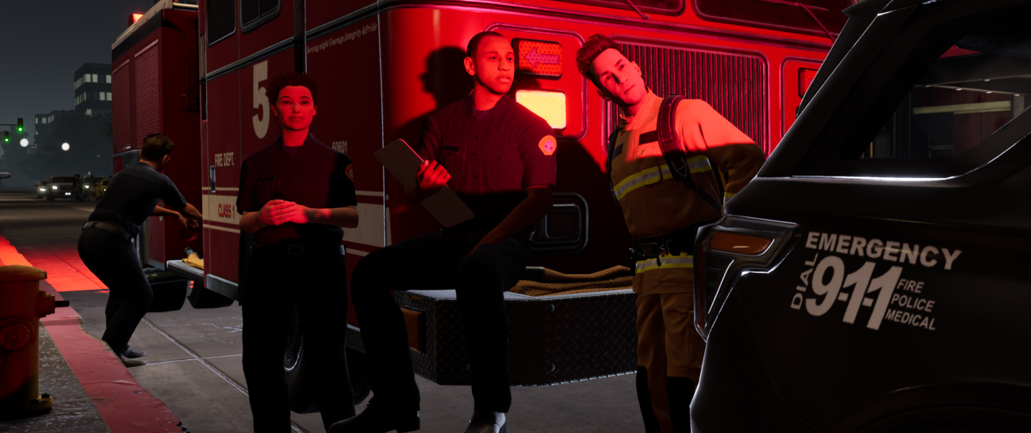Virtual fire, emergency medical, and law enforcement responders gathered near emergency vehicles at night.